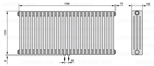 Схема (чертеж) Радиатор Zehnder Charleston 4120/26 №3470 Белый глянцевый RAL 9016